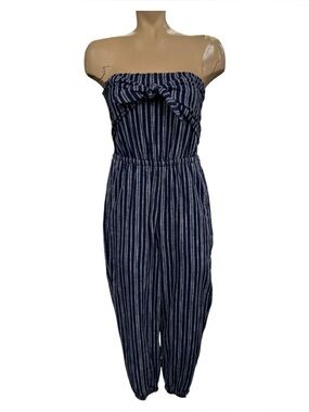 aerie Navy and White Striped Strapless Jumpsuit Size S